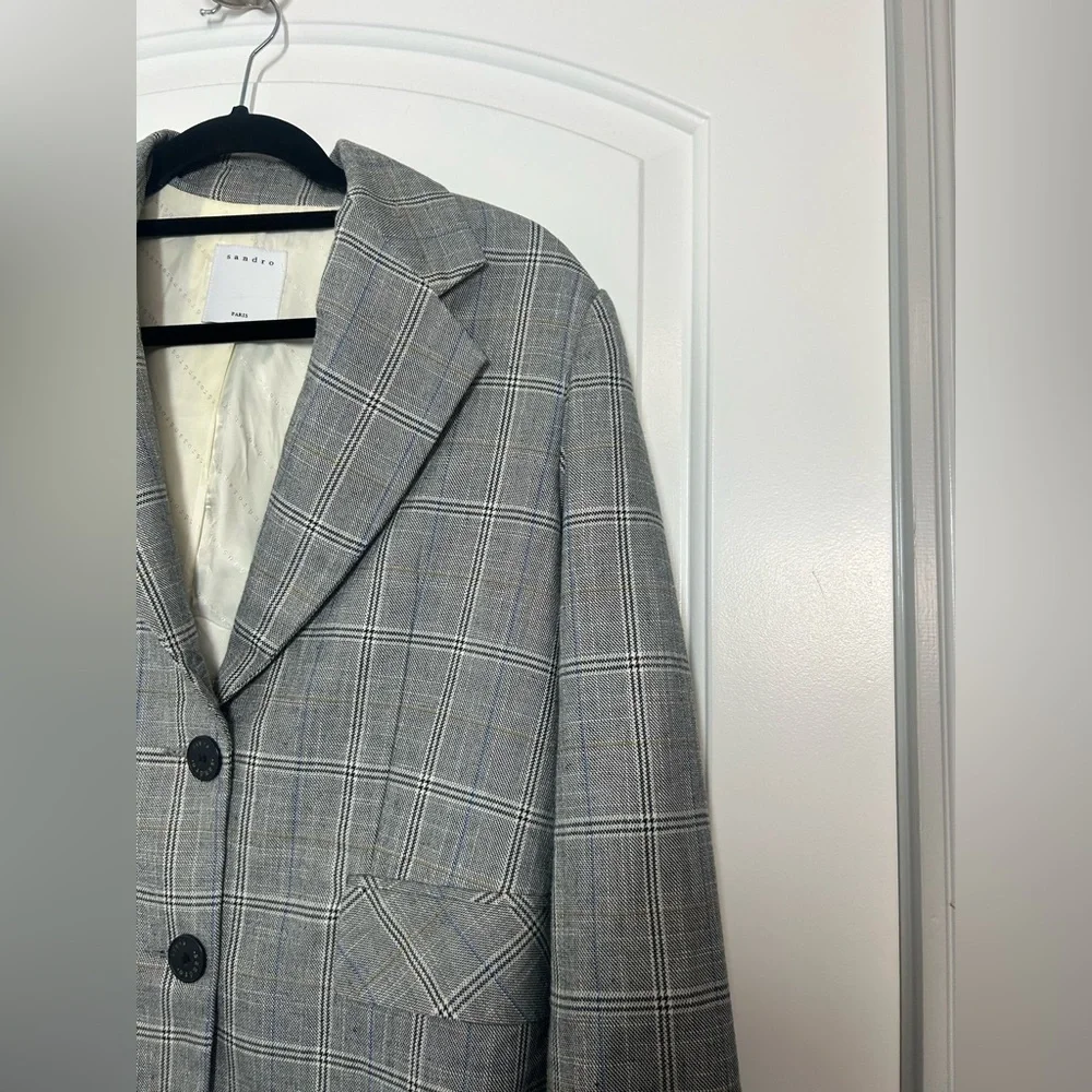 SANDRO Reynald Two-Button Plaid Blazer Gray Size 36 Preppy Academia Minimalist - Picture 8 of 15